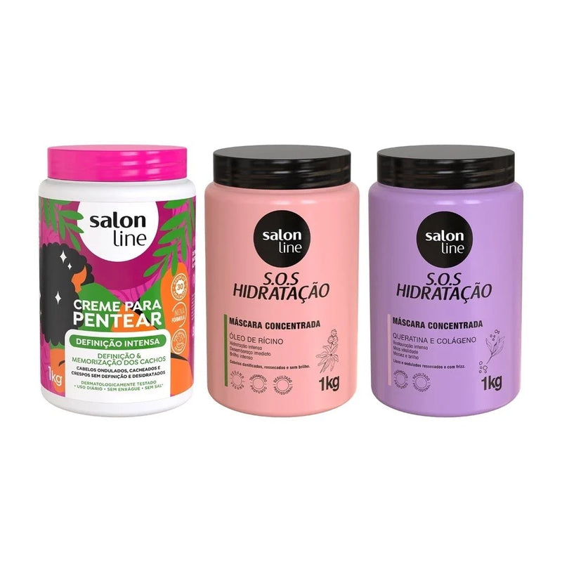 Kit com 2 Máscaras de Hidratação SOS Hidratação + Creme Para Pentear Definição Intensa Salon Line