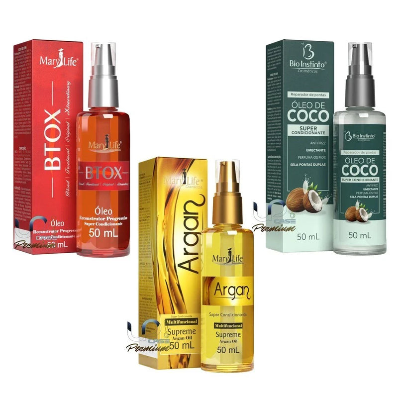 Kit 3x Óleo Supreme Argan + Óleo Btox + Óleo de Coco Mary Life